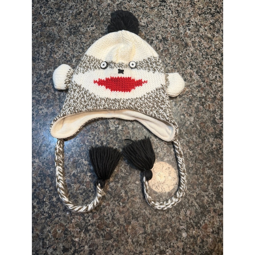 Kids‎ Sock Monkey Knit Trapper Hat Brown Cream Marled Fleece Lined Winter Beanie